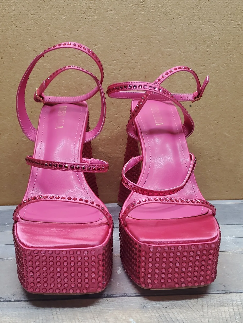 Miss Lola Asking For Drama Rhinestone-embellished Hot Pink Satin Block Heels